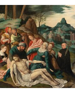 953-ESCUELA FLAMENCA, pp. S. XVI Lamentación por Cristo muerto con San Benito  ca. 1490-1520 Óleo sobre tabla