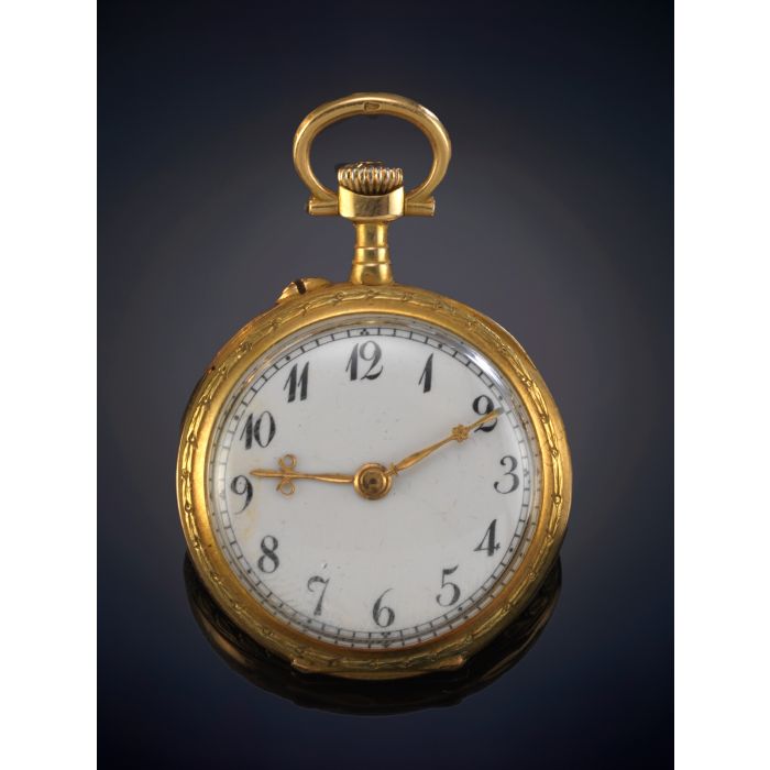 707-RELOJ DE BOLSILLO LEPINE PARA DAMA. CAJA EN ORO AMARILLO DE 18K. blanca con numeración arábiga y agujas en dorado. | Fernando Durán