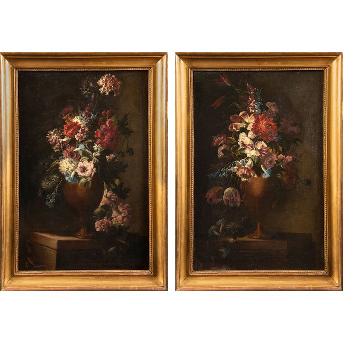 358-ESCUELA ESPAÑOLA S. XIX Pareja de bodegones de flores Óleos/lienzo  Medidas: 68,5x53 cm. | Fernando Durán