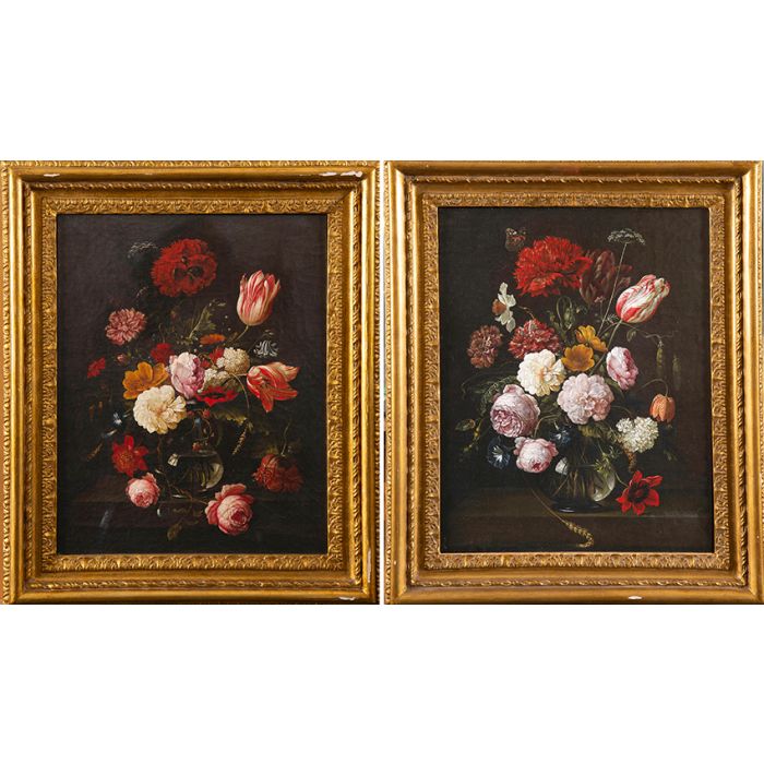 1025-ESCUELA ESPAÑOLA S. XVIII Pareja de Bodegones de flores Óleo