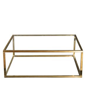 447-Moderna mesa de centro cuadrada en latón dorado y cristal.