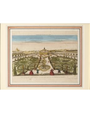 472-Lote formado por cuatro grabados franceses coloreados de diversas épocas. representando diferentes estudios de perspectivas arquitectónicas y jardines