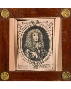 504-Lote de cinco grabados de los siglos XVII y XVIII. cuatro de ellos franceses. con los retratos del rey Felipe IV de España. la reina Isabel de Borbón.