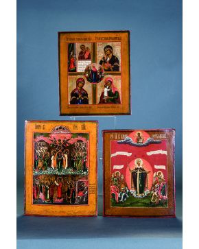 1095-Icono ruso pintado al temple sobre tabla dividido en cinco escenas de la vida de la Virgen sobre fondo dorado y detalles de escritura en cirílico. S. 
