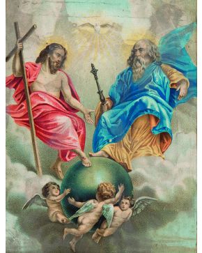 1210-Lote formado por una pintura sobre cobre del siglo XVII representando a Santa Bárbara y una litografía coloreada del siglo XIX con la Santísima Tri