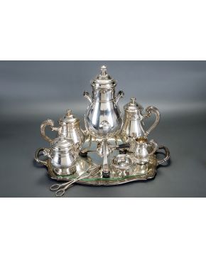 665-Importante juego de café y té en plata francesa punzonada con marcas de Mellerio Dits Meller . mediados del S.XIX. Elegante decoración imperio de palm