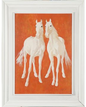 12-RICARDO ARENYS (Barcelona 1914-1977) Caballos blanco sobre fondo rojo 