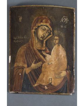 388-Icono griego pintado al temple sobre madera con representación de Virgen Odegitria o la que muestra el camino s. XVIII- XIX. Desperfectos.