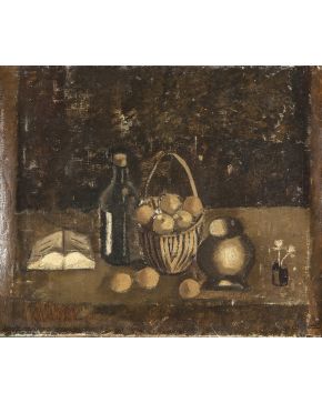 7-CRISTINO DE VERA (Santa Cruz de Tenerife. 1931) Bodegón con cesta de frutas y botella