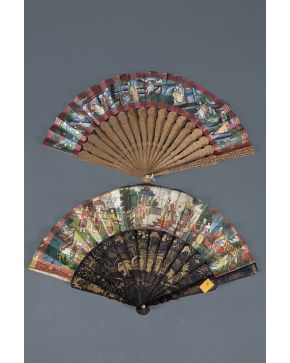 837-Lote de dos abanicos orientales s. XIX. uno de las mil caras con varillaje en madera tallada y calada y país pintado con aplicaciones de márfil; el 