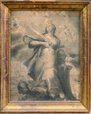 1500-Lote de dos grabados representando a Santa Bárbara y la Virgen con Niño de los siglos XVII y XVIII. uno de ellos coloreado.