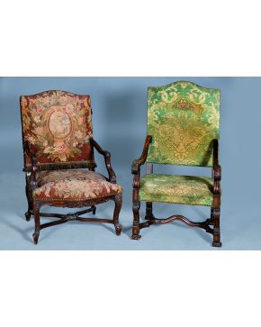 312-Lote de dos sillones castellanos en madera. uno tapizado en petit point y otro en tela verde. S. XIX.
