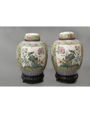 873-Pareja de tibores con tapa en porcelana china con decoración esmaltada de flores y escenas de aves y paisaje en reserva. Sobre peanas en madera tallad
