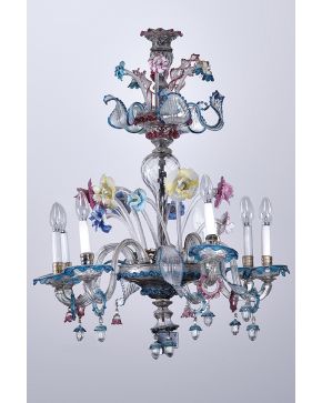 463-Lámpara de Murano. s. XIX. En cristal rosa. azul. amarillo y en su color. Con ocho brazos y decoración de flores. hojas y bellotas. Desperfectos. 
