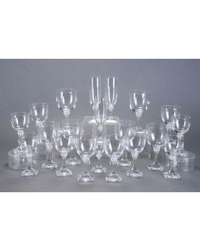 786-Cristalería de moderno diseño. posiblemente Bohemia. formada por: 16 copas de champagne. 14 copas para agua. 17 copas de vino tinto y 17 copas de vino