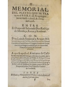 3066-MEMORIAL del Pleyto que se trata en el S.S.R.C. de Aragon por letras causa videndi. & recognoscendi. ENTRE El Duque del Infantado Don Rodrigo de Mendo