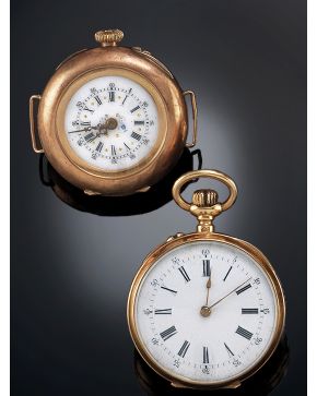 1012-LOTE DE 2 RELOJES DE BOLSILLO ANTIGUOS: Reloj antiguo en oro rosa con esfera de porcelana y reloj Lepine oro rosa SXIX. 