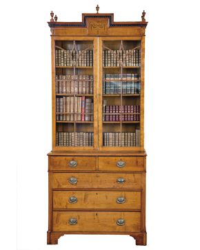 954-Escritorio librería Jorge III. s. XIX. en madera de caoba y ebonizada. con parte superior acristalada de doble puerta. doble cajón en cintura y escrit