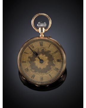 777-Reloj de bolsillo Lepine de dama. Caja en oro amarillo de 14 k. Remontoire. Esfera dorada decoración floral con numeración romana . Agujas tipo bastón