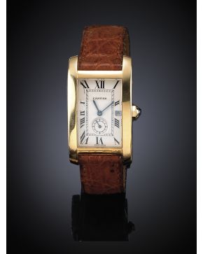 789-CARTIER TANK AMERICAN QUARTZ Nº 811905 Reloj de pulsera de señora caja en oro amarillo y correa de piel marrón.