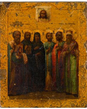1038-Pequeño icono ruso pintado al temple y dorado sobre tabla representando la imagen de seis santos y la Santa Faz. s. XIX.