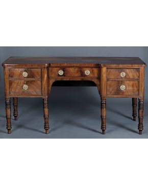 529-Gran mueble aparador inglés estilo Adams en madera de palma de caoba. c. 1870. Un cajón en cintura y cuatro simulados en los latereles. siendo realmen
