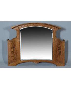 782-Espejo modernista en madera de roble tallada con marquetería de maderas finas en los laterales. formando naturaleza muerta de peces y langostas. y dec