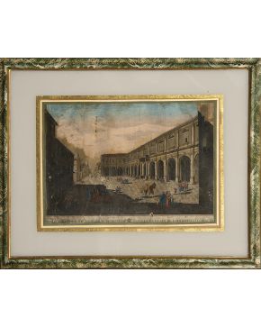 818-Lote de cinco grabados coloreados del siglo XIX. con la representación de edificios y paisajes. Enmarcados. Medidas mayor: 30 x 40 cm.