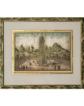 808-Lote de cinco grabados coloreados del siglo XIX. con la representación de monumentos y paisajes. Enmarcados. Medidas mayor: 30 x 40 cm.