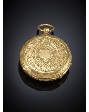 550-BAUME GENEVE RELOJ LEPINE DE BOLSILLO. Exquisita caja en oro grabada con cartela. esfera dorada con numeracion romana en negro. movimiento de cuerda