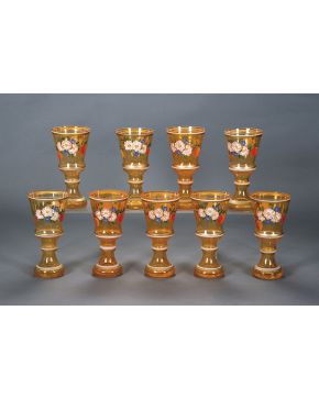 1162-Juego de nueve copas en cristal de Bohemia pintado a mano con detalles en dorado. finales S. XIX y principios S. XX. 