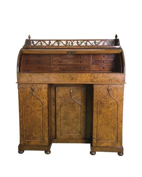 841-Mueble escritorio de cilindro en madera de raíz. Inglaterra. S. XIX. 