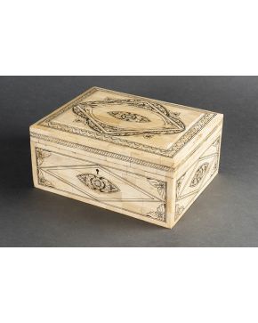 869-Gran caja con placas de hueso grabado con decoraciones en negro con motivos vegetales y florales. Con alma de madera.