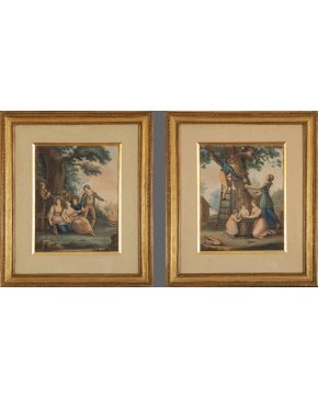 1052-Lote de dos grabados coloreados franceses del siglo XIX representando escenas bucólicas. 