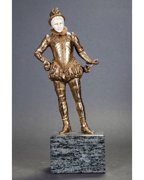 1095-Escultura crisoelefantina. posiblemente D. Juan de Austria. en bronce y marfil sobre peana en mármol. Con CITES.