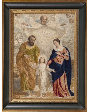 507-Labor textil s. XIX. representando la Sagrada Familia o Las dos Trinidades.