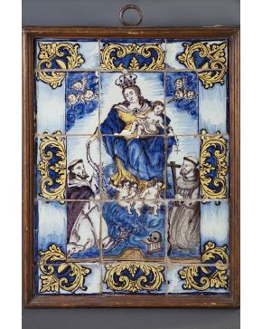 518-Panel de 15 azulejos Adoración a la Virgen del Rosario. Triana s. XVIII.