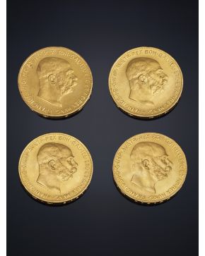 901-LOTE DE CUATRO MONEDAS DE ORO DE 100 CORONAS AUSTRIACAS DEL EMPERADOR FRANCISCO JOSÉ I. AÑO 1915. Inscripción ST SCHWARTZ correspondiente al acuñado