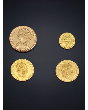 925-LOTE DE CUATRO MONEDAS HISTÓRICAS: una de Isabel II de 1869. dos monedas de Francisco José de 10 francos 1892 y una moneda cacique venezolana. 