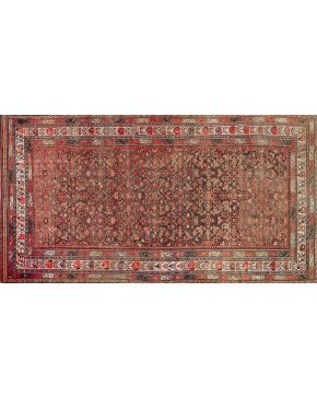 687-Antigua alfombra persa Malayer. 1880. Diseño geométrico. decoración vegetal y aves esquemáticas sobre campo anaranjado. 
