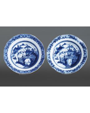 1364-Pareja de platos en porcelana china. Compañía de Indias. s. XIX.