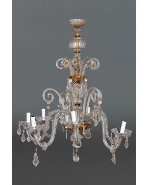 838-Lámpara de techo de 8 luces de la Granja con brazos sogueados y decoración de pandelocas. Con desperfectos y faltas.
