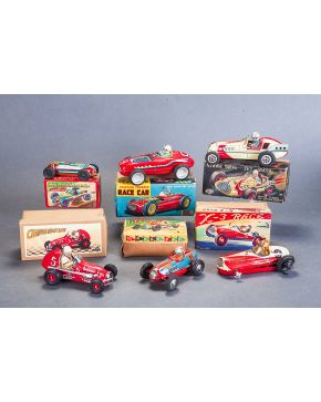 1399-Lote de seis coches de carreras de juguete japoneses en sus cajas originales. 1950-1960. Atomic Drive Jet Racer de Sonsco. Monogram Special 9. Ch