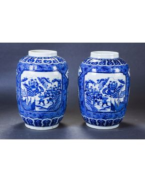 785-Pareja de jarrones en porcelana oriental blanca y azul. s. XX.