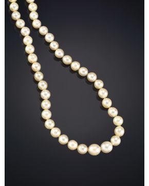11-COLLAR EXTRALARGO DE PERLAS CULTIVADAS dispuestas en degradé de 7 a 10 mm de diámetro. Broche perla oculto.