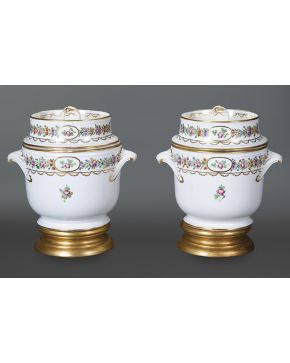 703-Importante y delicada pareja de enfriadores de postre en porcelana esmaltada con decoración de flores y guirnaldas en dorado. Francia. s. XIX. 