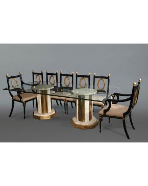 629-Juego de comedor de Paco Terán formado por: moderna mesa en cristal y mármol Travertino con pies octogonales. seis sillas y dos butacas en madera tall