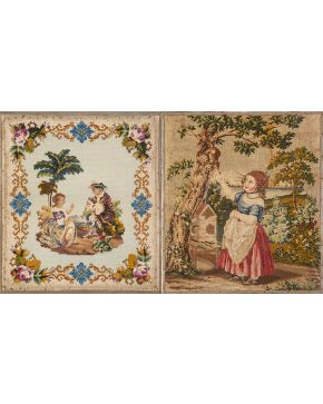 580-Pareja de tapices de cáñamo. bordados en lana. mostacilla y abalorios representando dos escenas bucólicas. Siglo XIX.