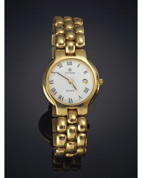 224-RELOJ DE PULSERA CYMA PARA SEÑORA. Caja y brazalete en oro amarillo gallonado de 18k. Ventana calendario a las 3. movimiento de cuarzo.