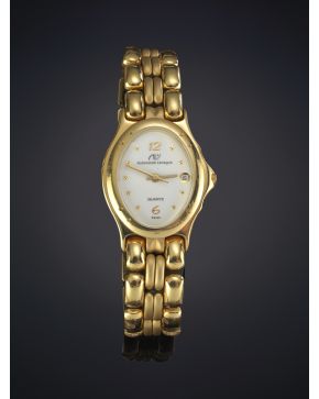 226-RELOJ DE PULSERA ALEXANDRE L`EVEQUE. Para señora. Caja y brazalete en oro amarillo de 18k. Esfera blanca. ventana calendario a alas 3 y movimiento de 